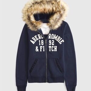 Navy Zip-Up Hoodie with Faux Fur Trim